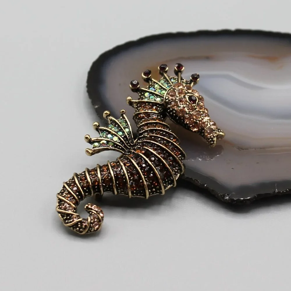 Jewelry pin brooch seahorse water animal crystals gold tone brown green new